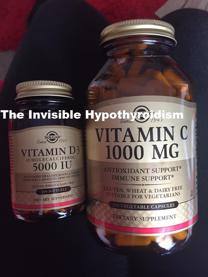 Two bottle of supplements, Vitamin D3 and Vitamin C by Solgar