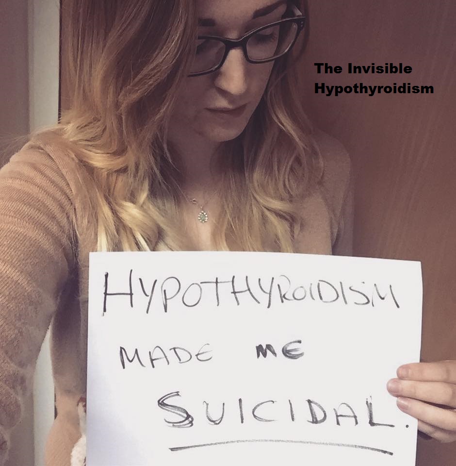 A photo of Rachel holding a sign reading 'Hypothyroidism made me suicidal'
