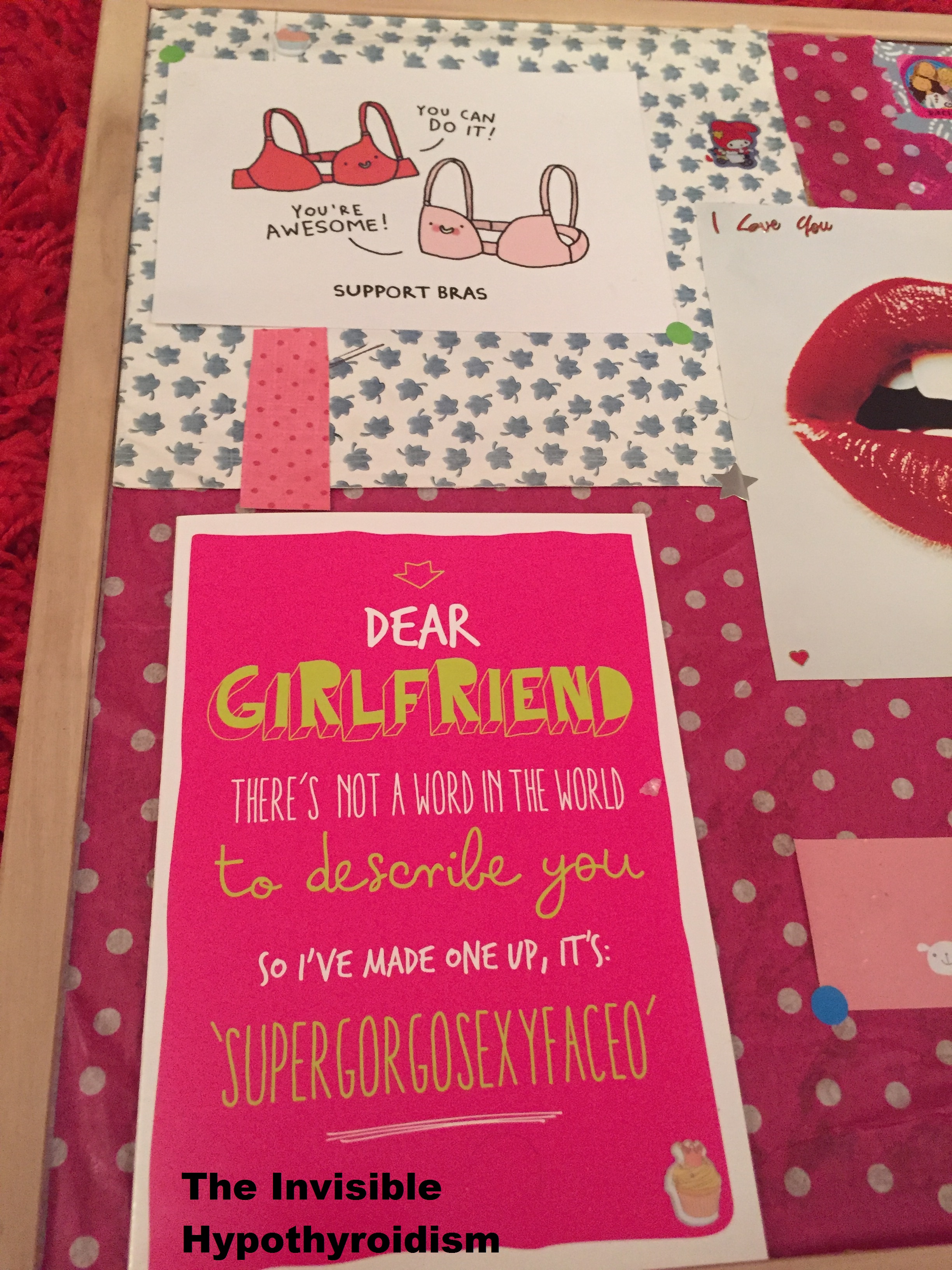 A photo of a positivity board showing a card with the caption 'Support Bras' - 'You can do it!, You're awsome'