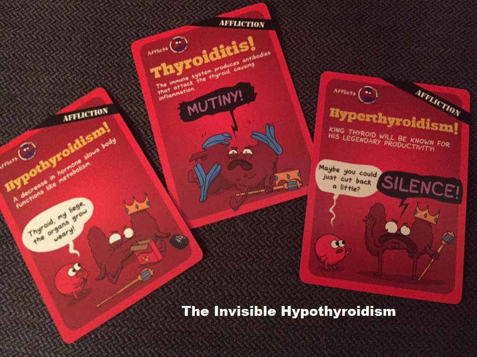 A photo of 3 cards from Organ Attack; Hypothyroidism, Thyroiditis, Hyperthyroidism